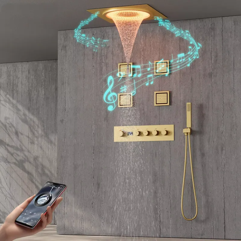 Home For Bathroom - ชุดฝักบัว LED อัจฉริยะ พร้อมระบบเสียงเพลงในห้องน้ำ ฝักบัวแบบฝังผนัง สีดำด้าน
