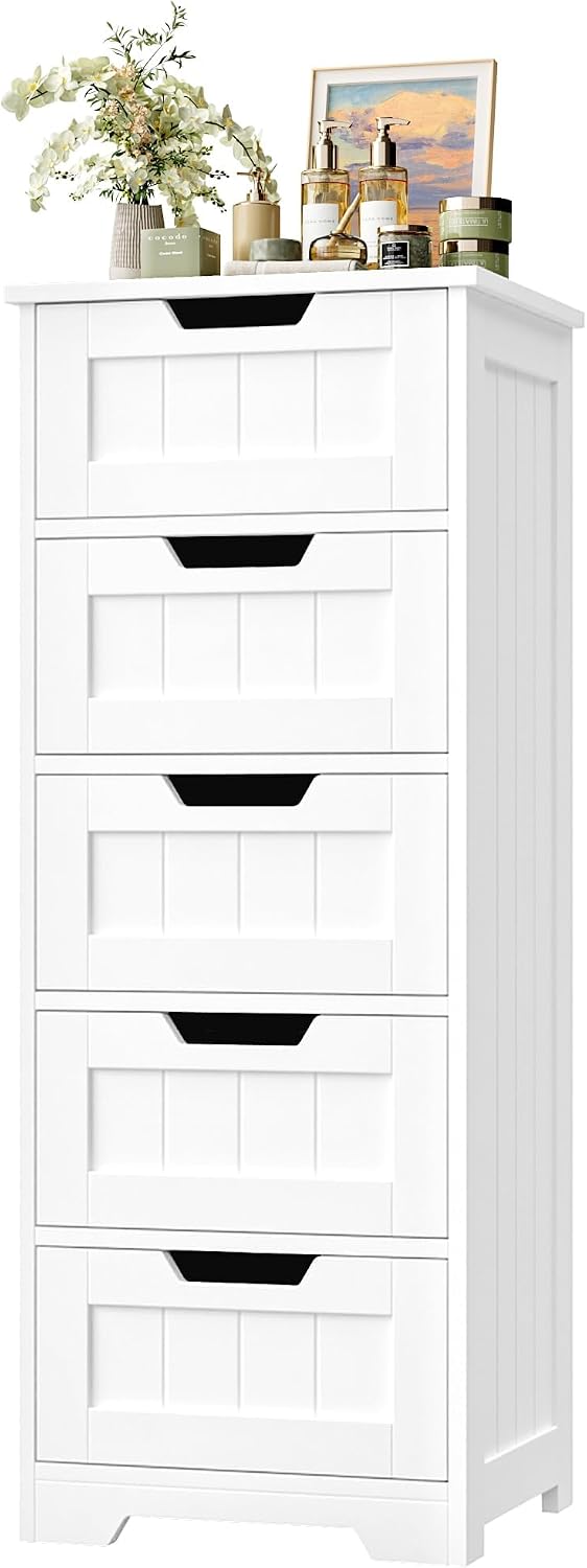 Home Bathroom Organizer - ตู้เก็บของในห้องน้ำแบบตั้งพื้น, ตู้เก็บของไม้แบบมีลิ้นชัก 5 ชั้น, เฟอร์นิเจอร์ประหยัดพื้นที่สำหรับห้องนั่งเล่นและทางเดิน, ตู้เก็บของสไตล์โมเดิร์นสีขาวสำหรับบ้าน