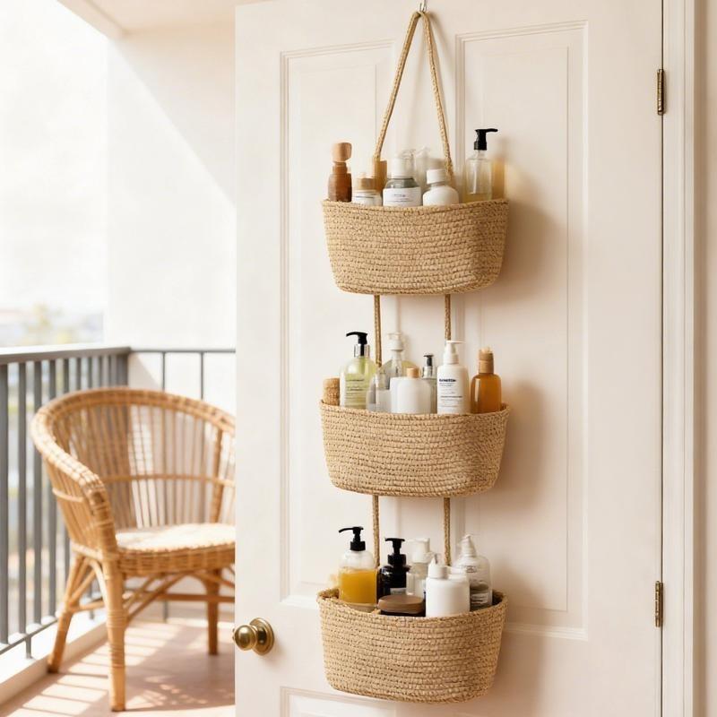Home Bathroom Organizer - ตะกร้าเก็บของแบบแขวน 3 ชั้น ทำจากผ้าฝ้ายทอ สำหรับแขวนประตูหรือติดผนัง ตะกร้าเชือกปอกระเจาสำหรับตกแต่งห้องเด็ก
