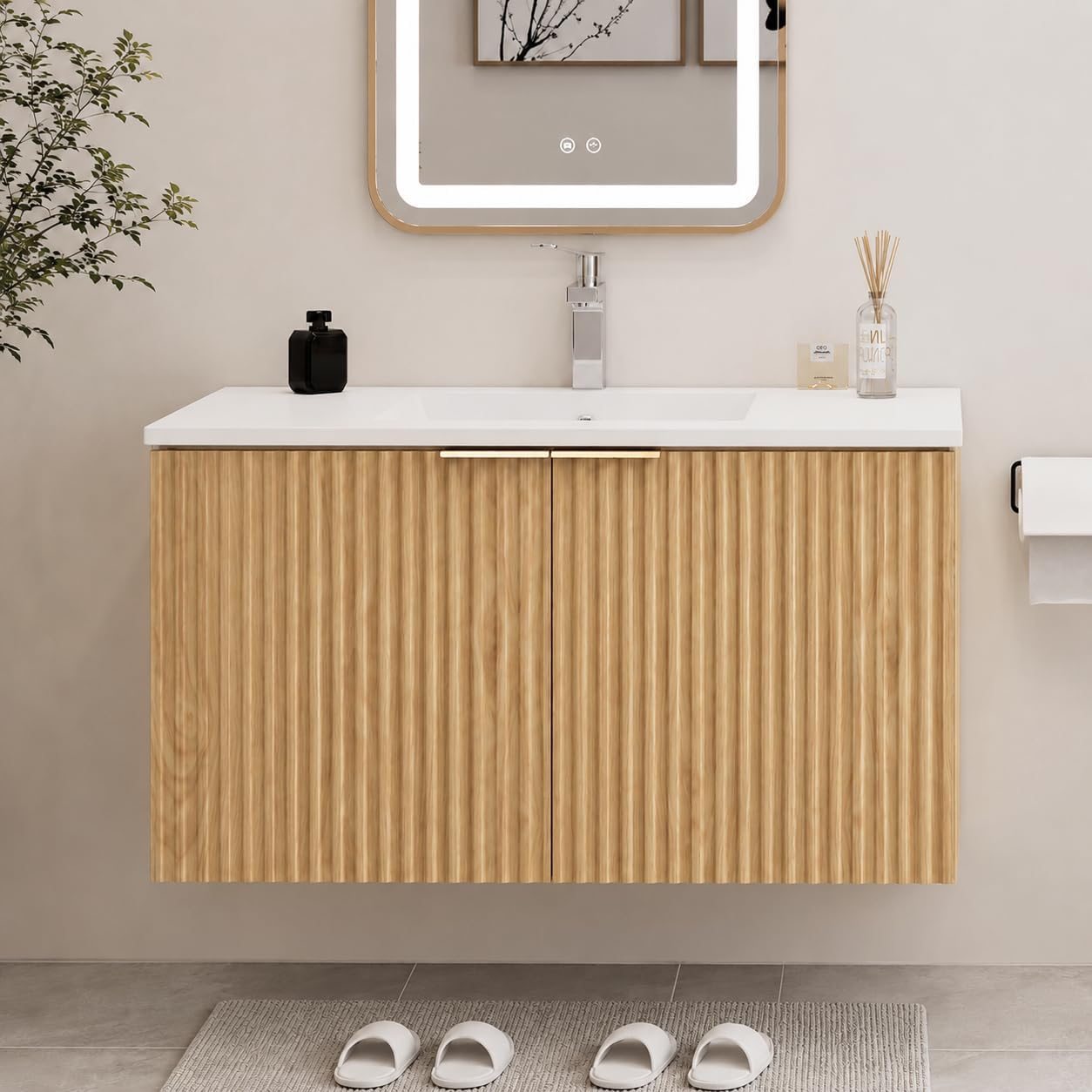 Home Bathroom Organizer - ตู้ห้องน้ำแบบลอยตัวทันสมัยพร้อมบานประตูลายคลื่น ตู้เก็บของติดผนัง บานพับปิดแบบนุ่มนวล อ่างเซรามิก พร้อมที่จัดเก็บ สำหรับห้องน้ำในบ้าน