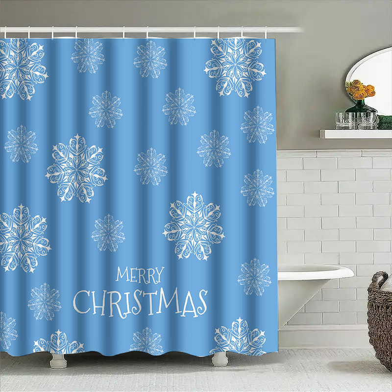 Home Bathroom Decor Ideas - คริสต์มาสผ้าม่านหิมะเกล็ดหิมะสีฟ้าตกแต่งห้องน้ำเทศกาลวันหยุดของขวัญไอเดียกันน้ำผ้าลินินพิมพ์