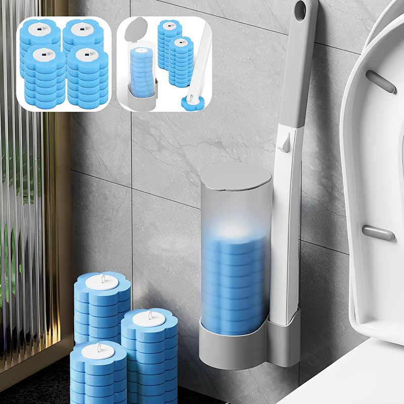 Home Bathroom Upgrades - ชุดแปรงขัดห้องน้ำแบบใหม่ ฝาปิดอัตโนมัติ พร้อมฐาน หัวฟองน้ำแบบใช้แล้วทิ้ง แปรงทำความสะอาดติดผนัง อุปกรณ์ห้องน้ำ
