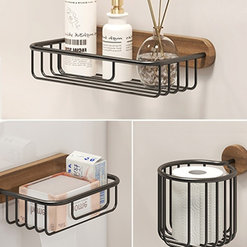 Home Bathroom Paper Towel Holder - ที่ใส่กระดาษทิชชูไม้เนื้อแข็งแบบไม่ต้องเจาะ วอลนัท อุปกรณ์จัดระเบียบห้องน้ำ ที่เก็บกระดาษเช็ดมือ ชั้นวางโทรศัพท์ติดผนัง สำหรับตกแต่งบ้านและสำนักงาน