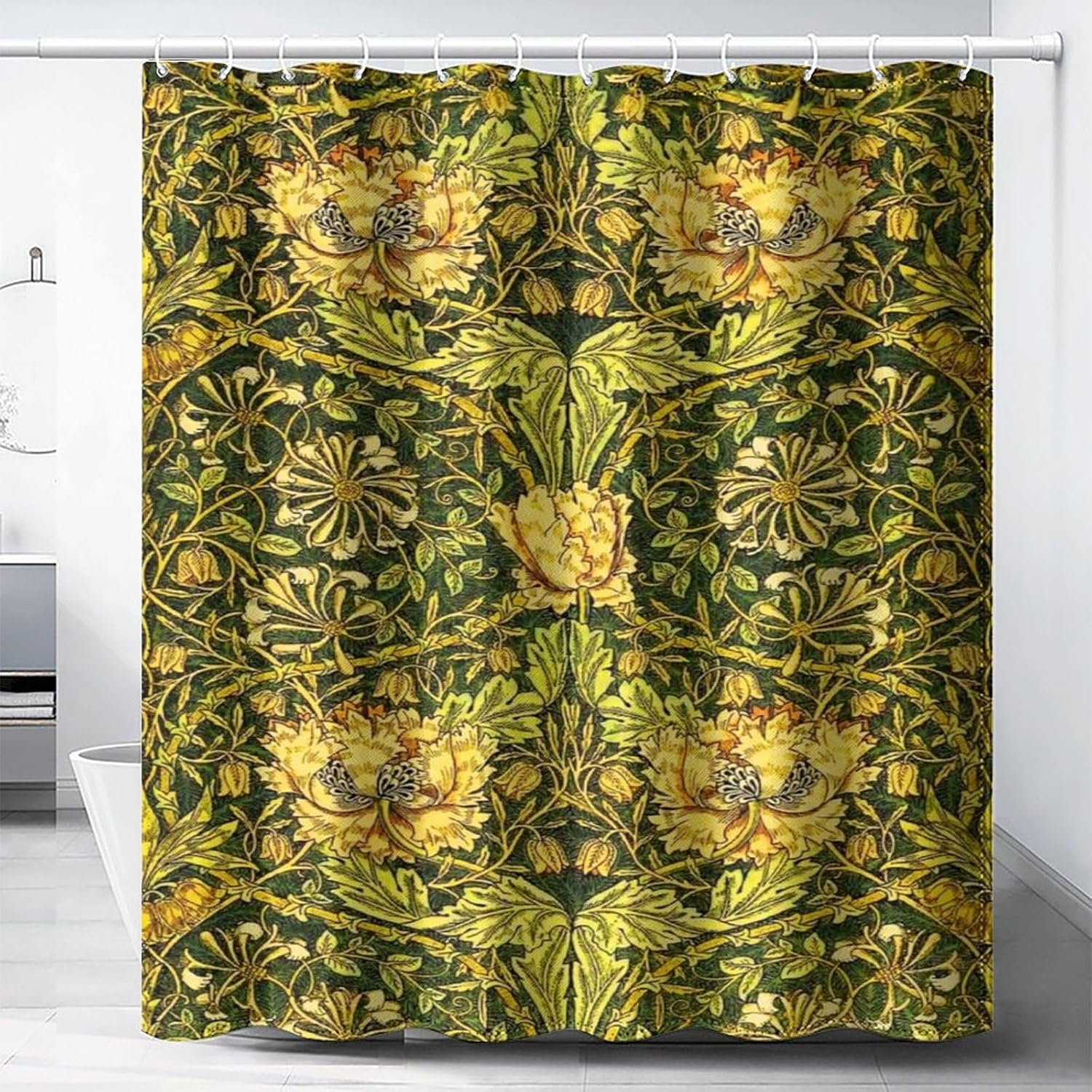 Home Bathroom Decor Ideas - ม่านอาบน้ำกันน้ำลายพิมพ์ดอกไม้สีเขียวเหลือง ลายดอกไม้เขตร้อน หรูหรา ตกแต่งห้องน้ำ ไอเดียของตกแต่งบ้าน