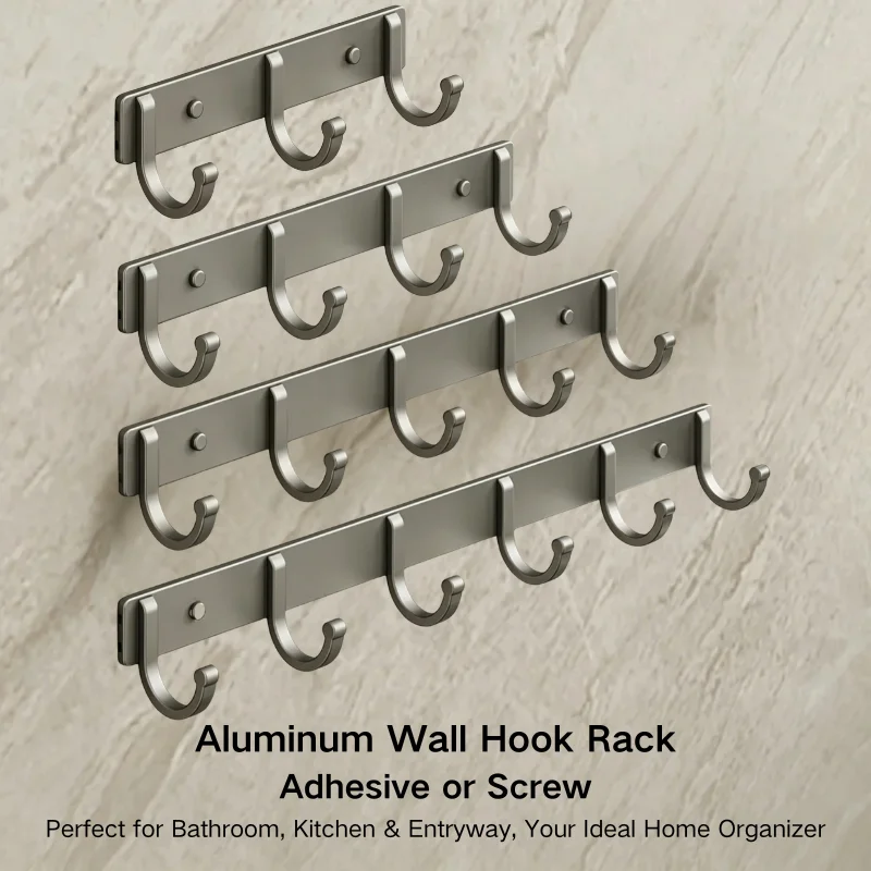 Home Bathroom Organizer - ตะขอแขวนติดผนังอะลูมิเนียม – ติดตั้งแบบไม่ต้องเจาะ/ยึดด้วยสกรู สีเทา 3-6 ตะขอ