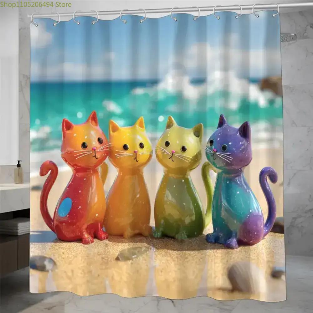 Home Bathroom Decor Ideas - ม่านอาบน้ำลายแมวสีรุ้งหลากสีสัน ลายการ์ตูนลูกแมวน่ารักบนชายหาด ดีไซน์กันน้ำ สำหรับตกแต่งบ้าน ไอเดียห้องน้ำแสนอบอุ่น