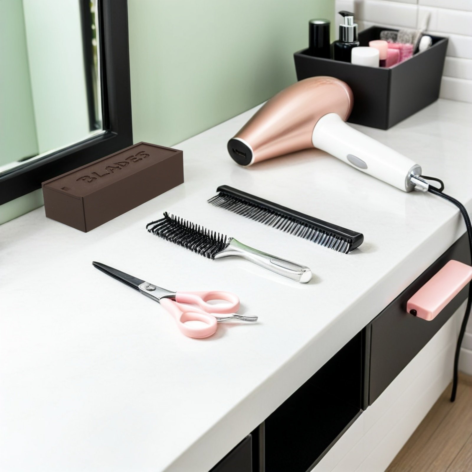Home Bathroom Organizer - กล่องเก็บใบมีดสองช่องสีน้ำตาล ที่เก็บใบมีดพลาสติกสำหรับช่างตัดผม ใช้ในบ้าน ห้องน้ำ หรือร้านเสริมสวย สะดวกและมีประสิทธิภาพ