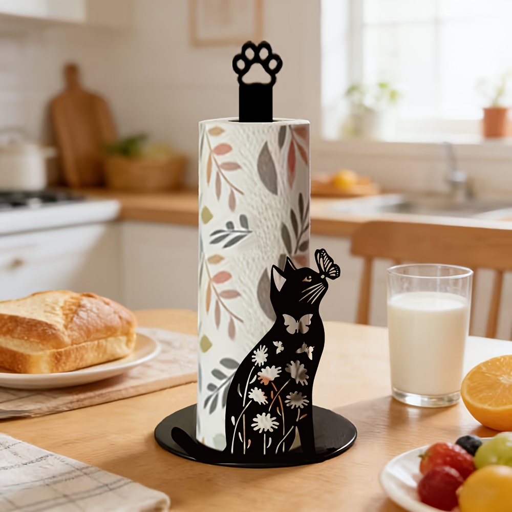 Home Bathroom Paper Towel Holder - ที่แขวนกระดาษทิชชูแบบแบน 2 มิติ ลายแมวน่ารักสีดำและผีเสื้อ 1 ชิ้น,