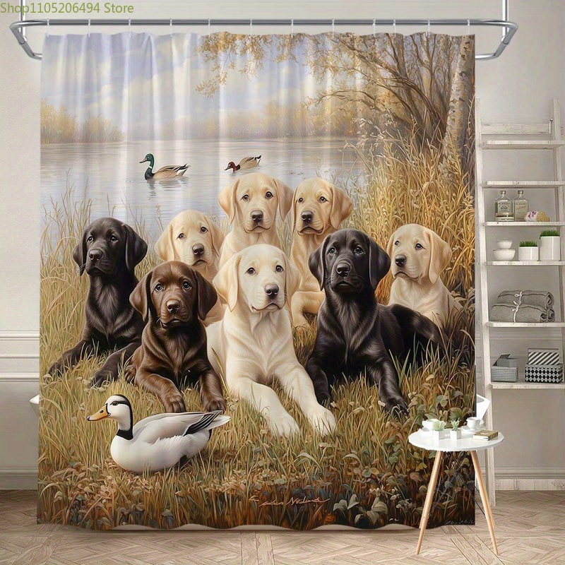 Home Bathroom Decor Ideas - ม่านอาบน้ำลายสุนัขลาบราดอร์, ลายสัตว์เลี้ยงน่ารักพร้อมลายเป็ด, ผ้าคลุมอาบน้ำกันน้ำสำหรับตกแต่งบ้าน, ไอเดียห้องน้ำแสนอบอุ่น